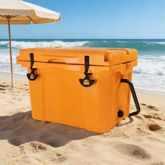 25QT Portable Cooler, Insulated Hard Ice Chest, 5-7 Day Ice Retention, Bottle Opener & Cup Holder for Beach Camping Fishing – Orange