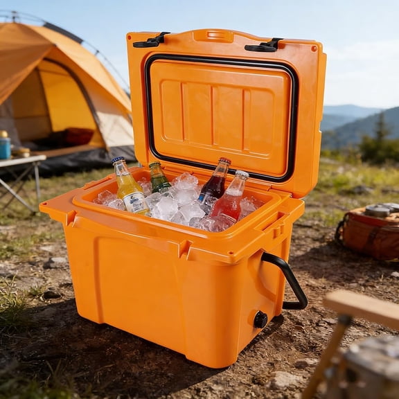 25QT Portable Insulated Hard Cooler, 30-Can Capacity Ice Chest with 5-Day Ice Retention, Built-in Bottle Opener & Cup Holder for Camping, Beach, Fishing & Outdoor Activities,Orange