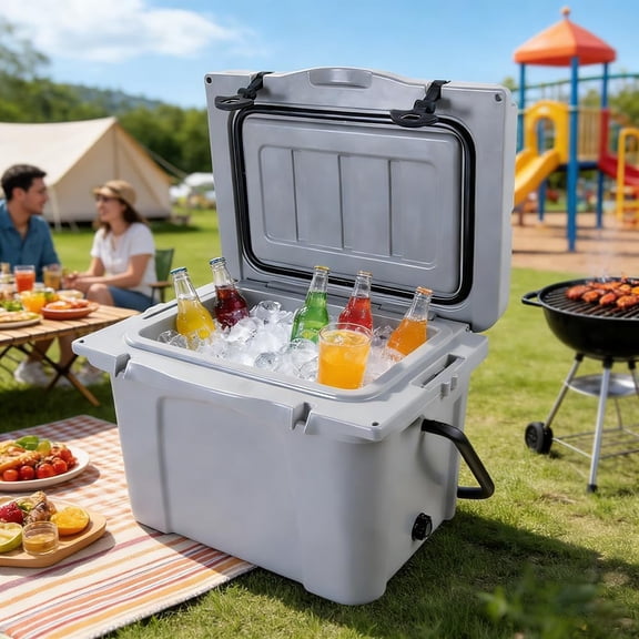 25QT Portable Insulated Hard Cooler, 30-Can Capacity Ice Chest with 5-Day Ice Retention, Built-in Bottle Opener & Cup Holder for Camping, Beach, Fishing & Outdoor Activities Grey