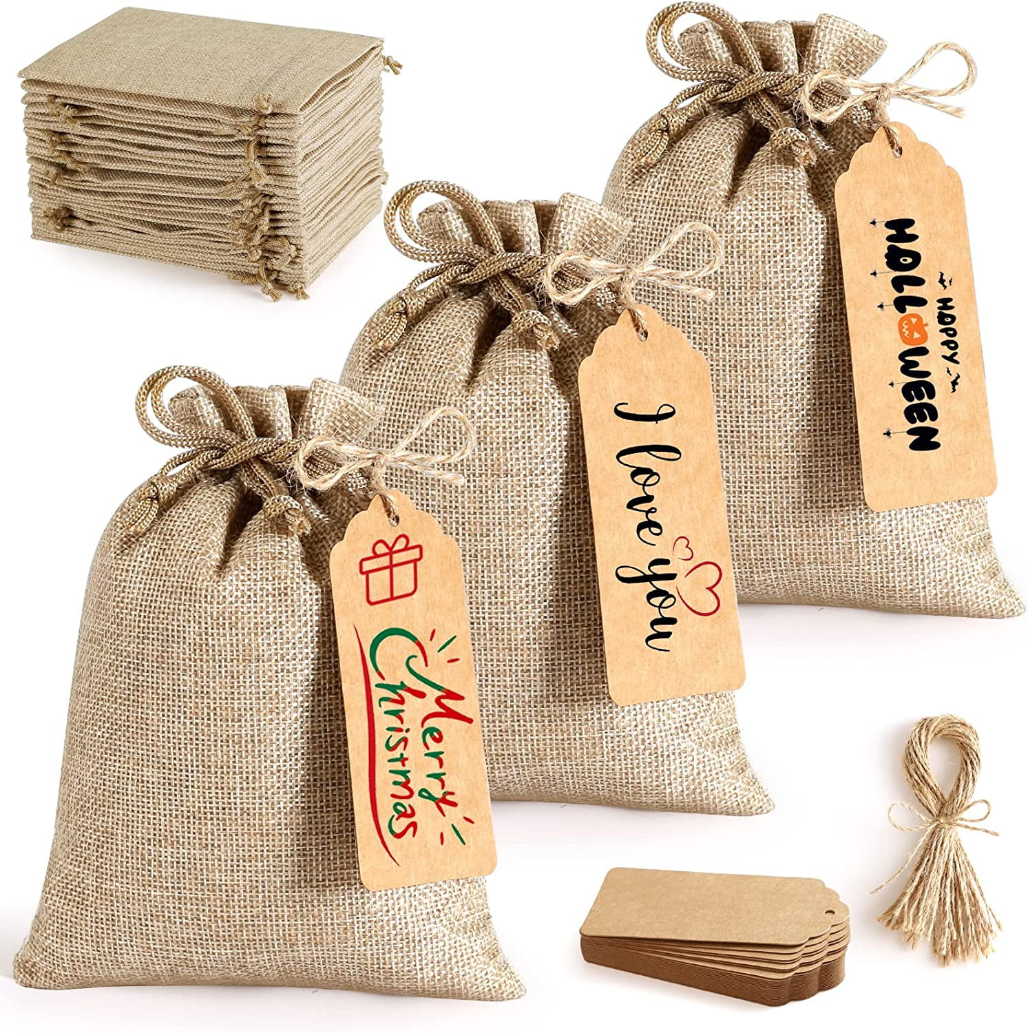 25Set Reusable Burlap Gift Bags with Drawstring 5x7 Small Party Favor Gift Bags Bonus Gift Tags String Brown Linen Sacks Bag for Wedding Party Favor Coffee DIY Craft Sachet Bulk
