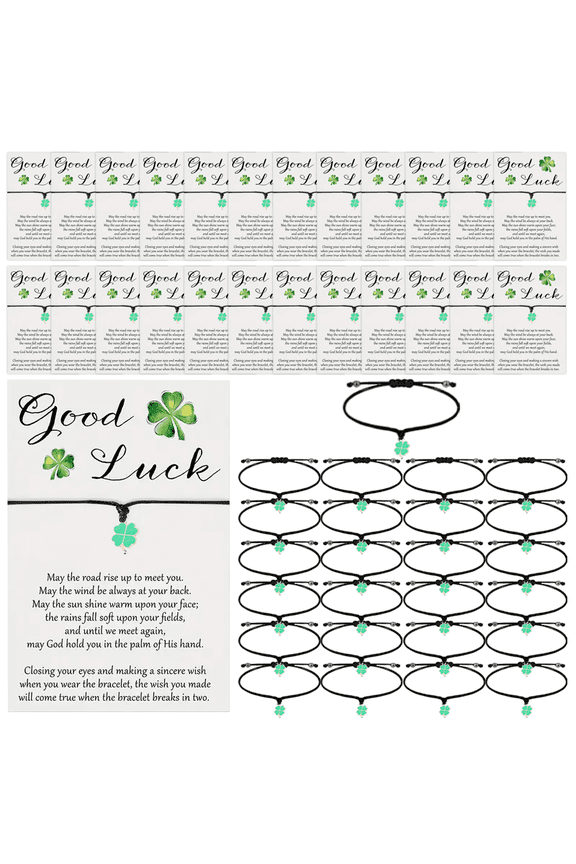 25Set St Patrick Day Clover Wish Bracelets with Message Cards, Green Lucky Clover Charm Bracelets for Spring Celebration Favors Irish Festival Gifts