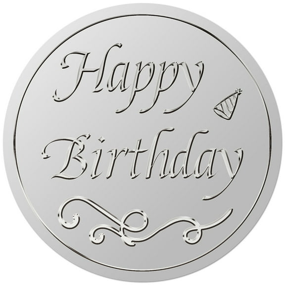25Sheet Custom Round Silver Foil Embossed Picture Stickers Happy Birthday Self Adhesive Award Certificate Seals Metallic Stamp Seal Stickers Hat 38mm 4pcs/sheet