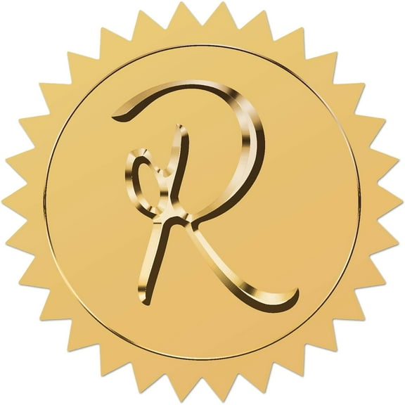 25Sheet Plastic Self Adhesive Gold Foil Embossed Stickers Medal Decoration Sticker Letter R 5x5cm DIY