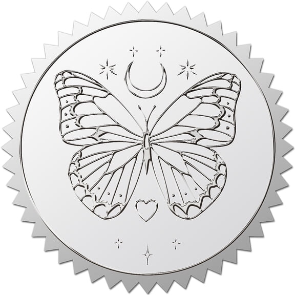 25Sheet Round Plastic Silver Foil Embossed Picture Stickers Self Adhesive Award Certificate Stamp Seal Stickers Butterfly 50mm 4pcs/sheet