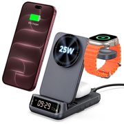 25W 3 in 1 Magnetic Wireless Charger for iPhone 17/16/15/14/13/12 Series, for Apple Watch, AirPods, Compatible with MagSafe, Foldable Travel Magnetic Charging Station with Clock, SwanScout 708M-25W