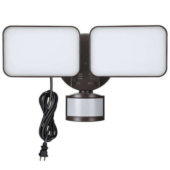 25W 3CCT Dual Head Plug-in LED Security Light, Motion Sensor & Dusk to Dawn Floodlight, 3 Lighting Modes, 3000K/4000K/5000K Selectable, ETL&FCC Listed, Bronze