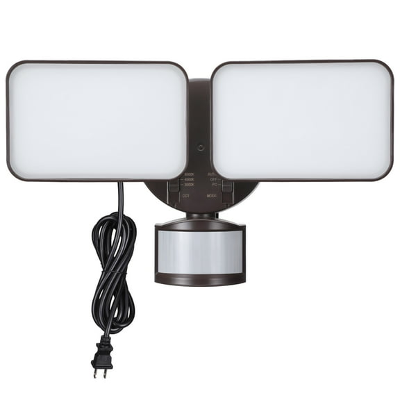 25W 3CCT Dual Head Plug-in LED Security Light, Motion Sensor & Dusk to Dawn Floodlight, 3 Lighting Modes, 3000K/4000K/5000K Selectable, ETL&FCC Listed, Bronze