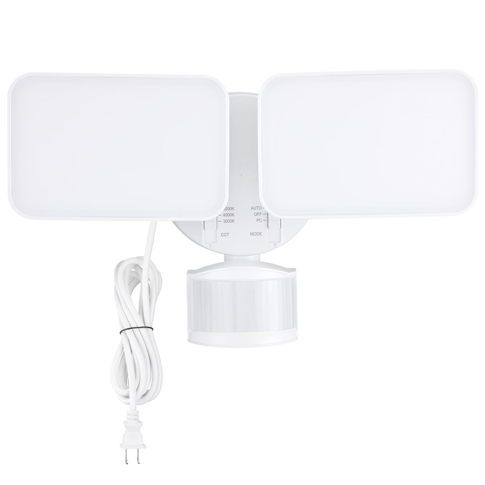 25W 3CCT Dual Head Plug-in LED Security Light, Motion Sensor & Dusk to Dawn Floodlight, 3 Lighting Modes, 3000K/4000K/5000K Selectable, ETL&FCC Listed, White