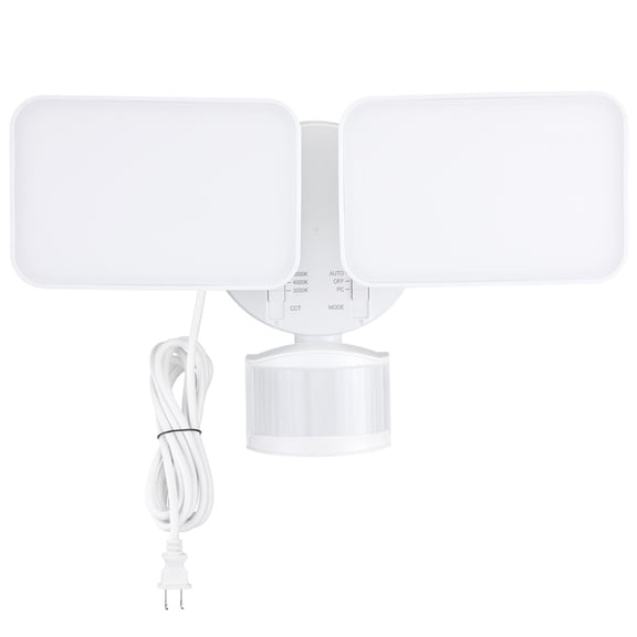 25W 3CCT Dual Head Plug-in LED Security Light, Motion Sensor & Dusk to Dawn Floodlight, 3 Lighting Modes, 3000K/4000K/5000K Selectable, ETL&FCC Listed, White