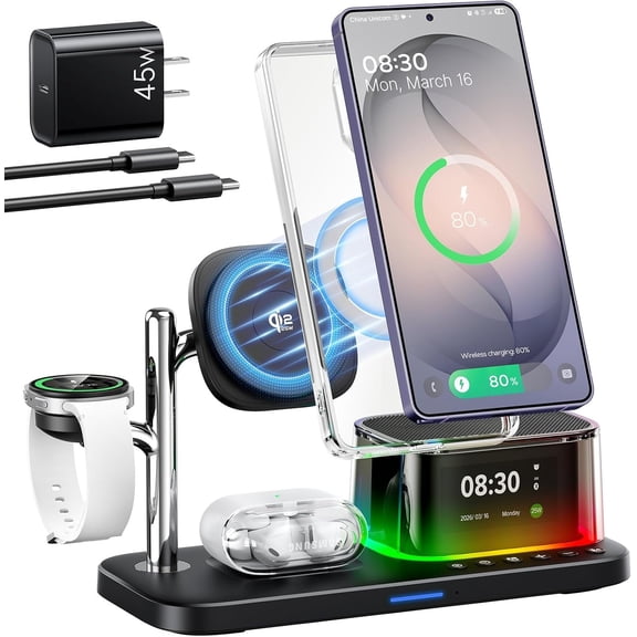 25W 5 in 1 Station for Galaxy S26 Ultra with Speaker/ Clock/Night Light, Qi2.2 Charger with 45W Adapter for S26/Z Fold7, for Galaxy Watch 8/Buds