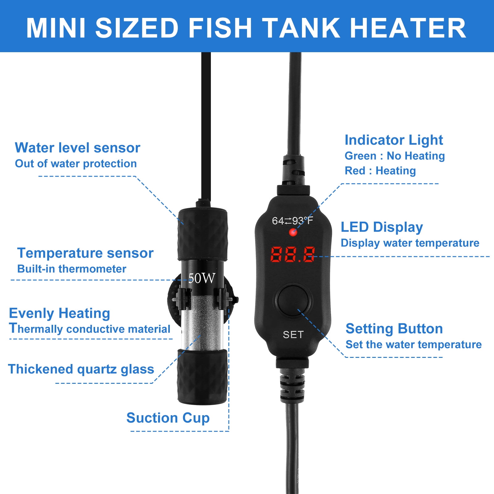 25W/50W Aquarium Heater Adjustable Fish Tank Water Heater with External