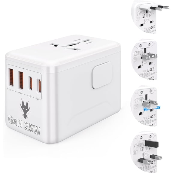 25W GaN International Power Adapter, Compact Worldwide Travel Plug with 2 USB-C & 2 USB-A Ports, PD Charger Compatible with UK EU AU - Travel Accessory