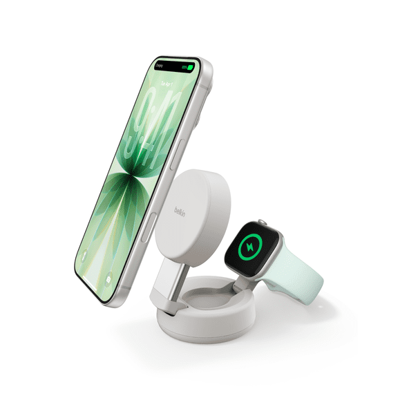 Qi2 25W Convertible 2-in-1 Wireless Charger for iPhone, Apple Watch with 45W USB-C Power Supply and 5 ft./1.5m cable. Travel-friendly with magnetic alignment, USB-IF certified and MFI approved - Sand