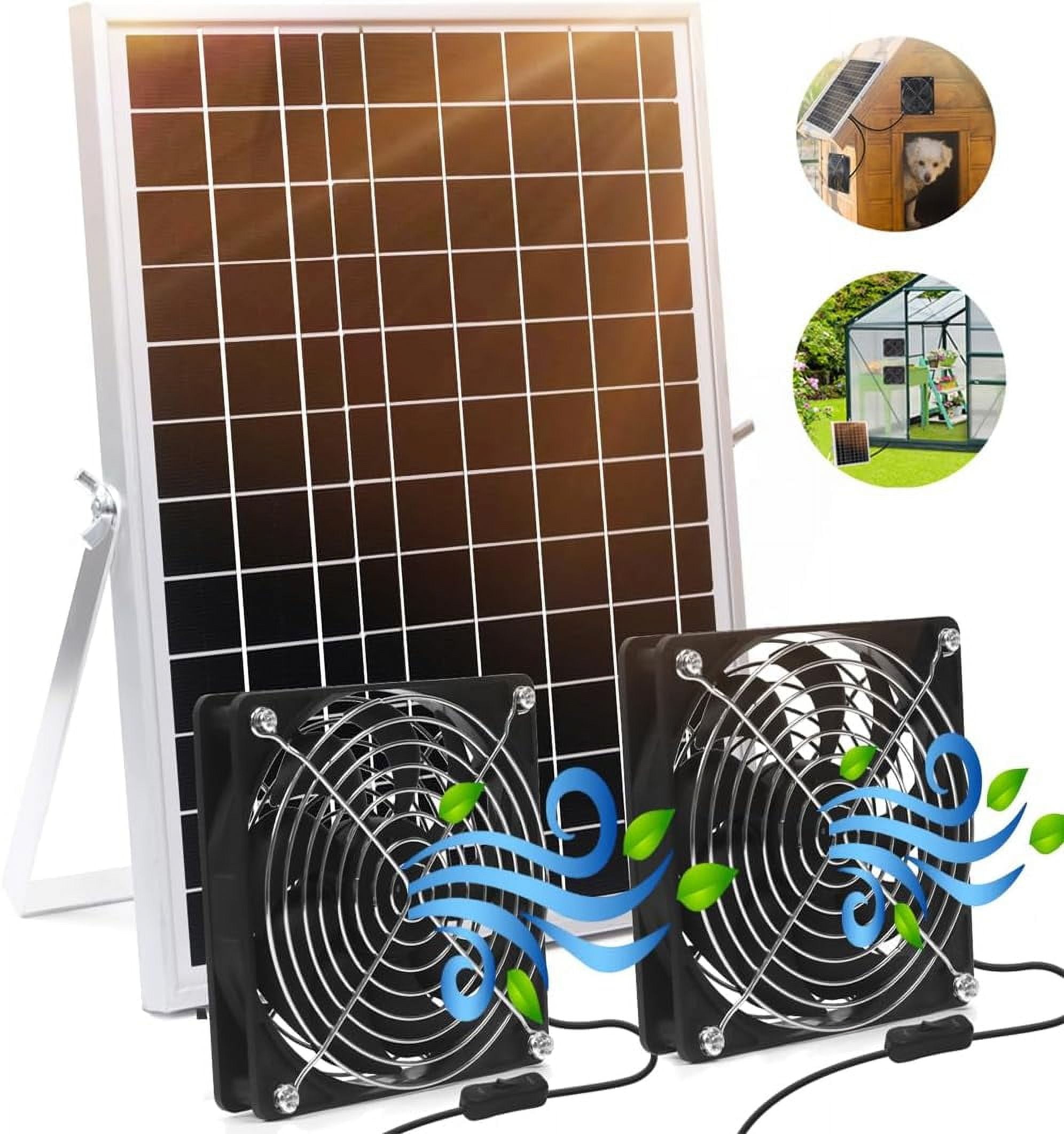 25W Solar Panel Dual Fan Kit, Waterproof Solar Exhaust Intake Fan Kit, 5 inch Brushless Fan with 11.5Ft on/off Switch Cable, Cooling Ventilation for Campervan, Greenhouse, Chicken Coop, Shed
