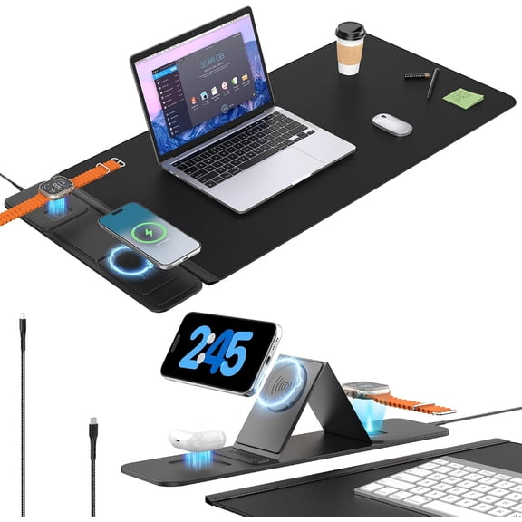 25W Wireless Fast Charging Mouse Pad with Foldable Phone Holder 3-in-1 Desk Mat