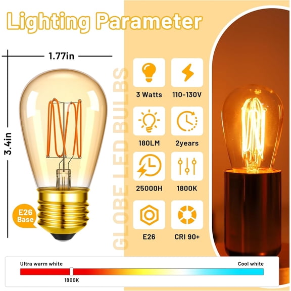 25Watt Amber Light Bulbs,E26 Low Wattage LED Light Bulbs 1800K Ultra Warm White,3 Watt Antique Filament Spiral Decorative Light Bulbs,CRI 90+,110-130V, 2 Pack