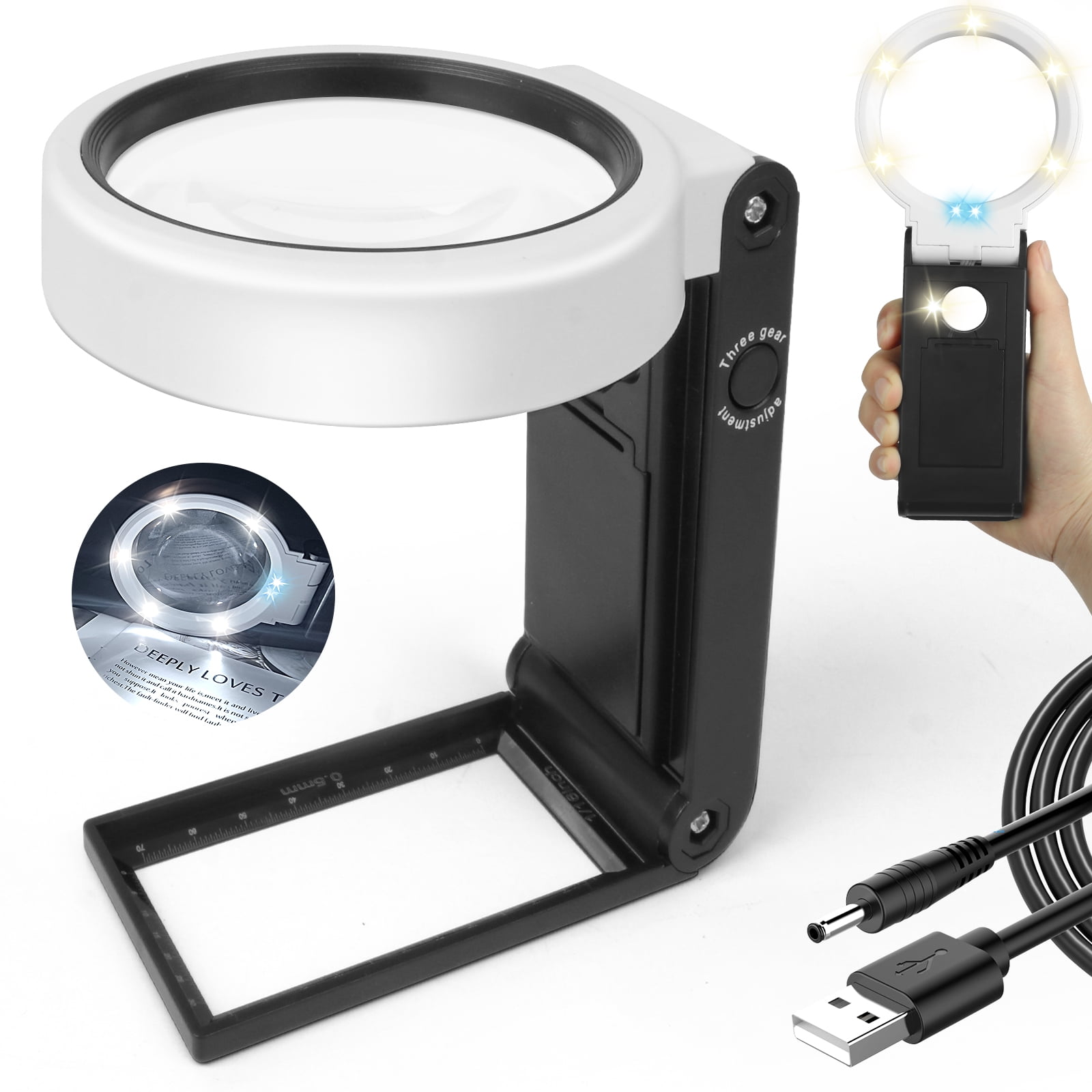 Magnifying Glass with Light for Reading, 6X 9X 15X Magnifications  Integrated Into 6 LED and 2 Purple Light Beads 