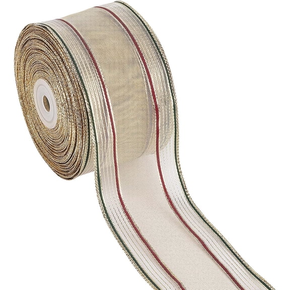 25Yds x 2-1/2 Striped Ribbons Metallic Gold Stripe Wire Edge Ribbon Christmas Overlock Fabric Wired Ribbon Cuff Red Green Gold Gauze Band Crafts Roll for Sewing Gift Wrapping DIY Wreath