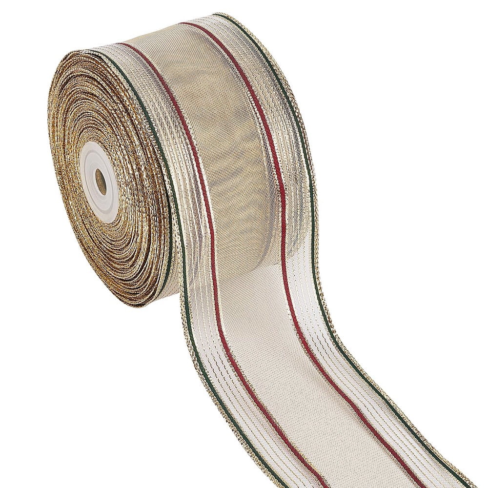 25Yds x 2-1/2" Striped Ribbons Metallic Stripe Wire Edge Ribbon Christmas Overlock Fabric Wired Ribbon Cuff Red Green Gauze Band Crafts Roll