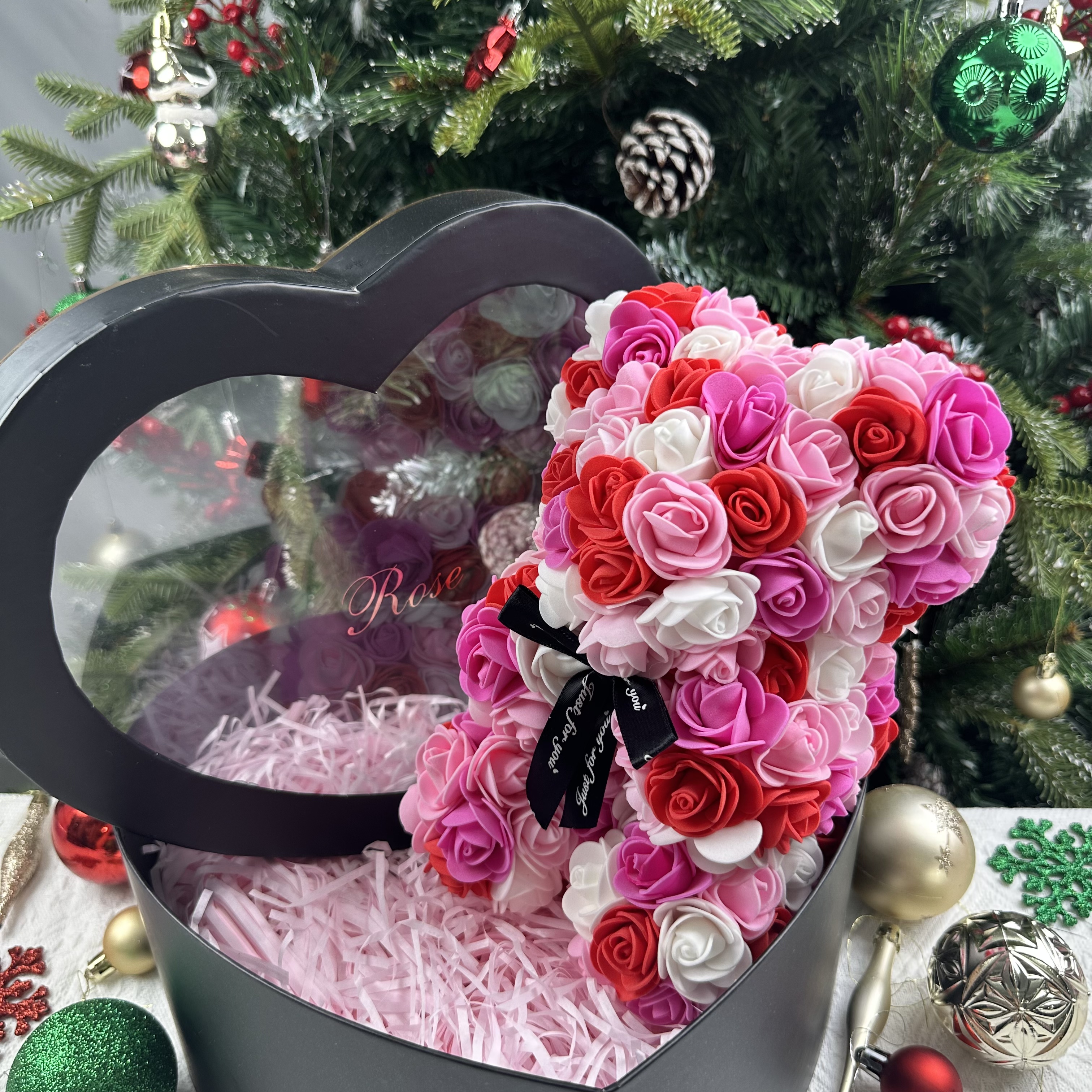 25cm Artificial Teddy Rose Flower Bear with Box Romantic Valentines Day ...