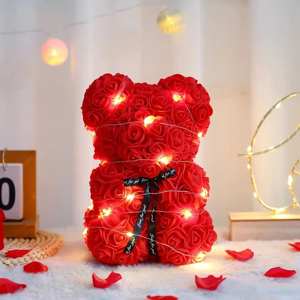 25cm Artificial Teddy Rose Flower Bear with Box Romantic Valentines Day ...
