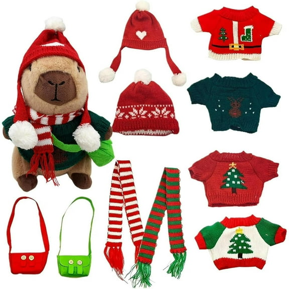 25cm Capybara Plush with 10Pcs Clothes & Accessories, Christmas Dress Up Stuffed Animal Gift for Kids, Soft Capybara Doll Birthday Gift for Boys Girls