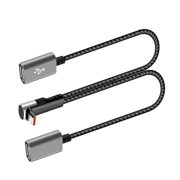 25cm Type C Male To Double Female Charging Cable 90 Degree Angled Design Car Home Office Use Phone Tablet