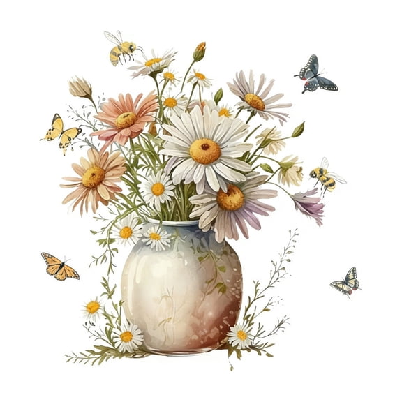 25cm Watercolor Daisy Vase Wall Sticker, Removable Floral Decal for Home Decor