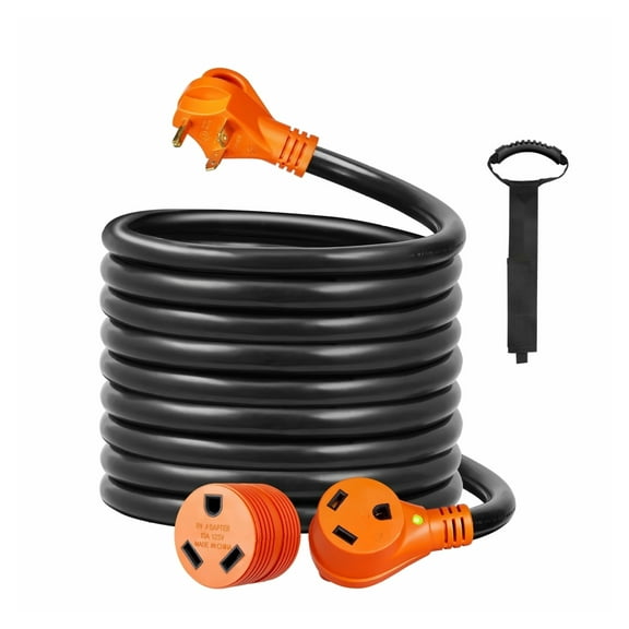 25ft 30 Amp RV Extension Cord, STW RV Power Cord TT-30P to TT-30R, LED Handle, 15A Adapter - for RVs, Campers, Trailers, Generators
