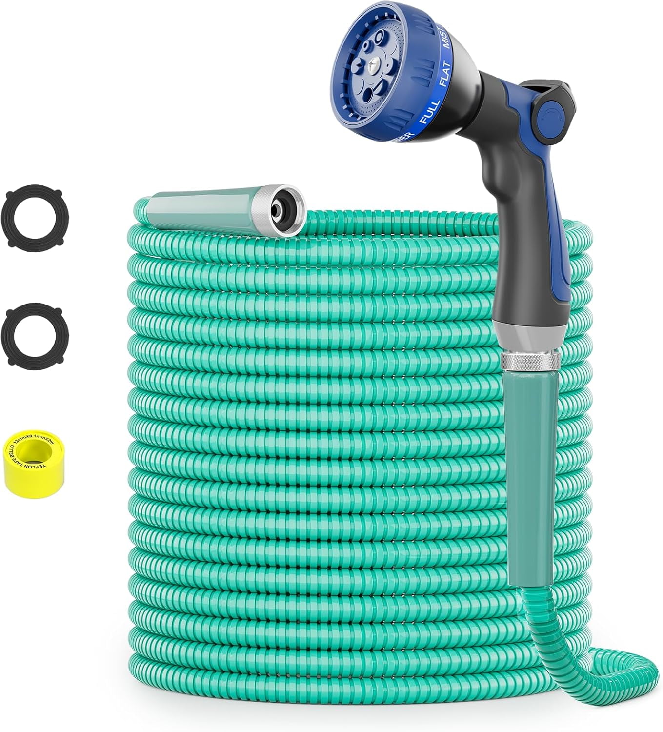 25ft 304 Stainless Steel Garden Hose Metal, Heavy Duty Water Pipe with Nozzles for Yard, Outdoor - Flexible, Never Kink & Tangle, Puncture Resistant (Aqua)