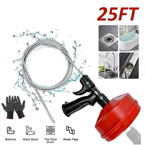 25ft Drain Auger Snake, 1/4in Plumbing Clog Remover with Autofeed & Dual Mode, Flexible Drain Hair Tool for Sink Shower