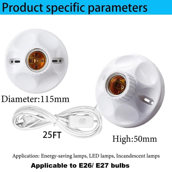 25ft Light Bulb Base with Cord E26/E27 Light Socket with On/Off Switch, 110V-250V Lamp Base for Light Socket with Cord, Light Bulb Socket with Plug-in Lamp Holder Base for Desktop,Include Screw