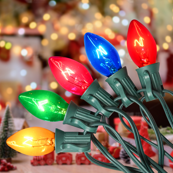25ft Multi-Colored Christmas Lights Outdoor, C7 Vintage Christmas String Lights with 27 Multi-Colored Clear Bulbs (2 Spares) for Holiday Yard, Home, Porch, Home Decor, Thanksgiving, Christmas Decorat