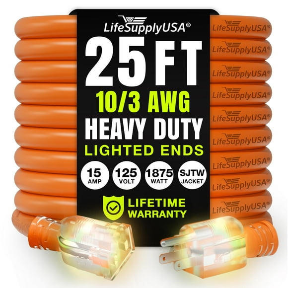 25ft Outdoor/Indoor Extension Cord 10/3 Gauge Ultra Heavy Duty 3 Prong SJTW, Waterproof, Flexible Cold-Resistant Long Power Cord,125 Amp 1875W, Orange by LifeSupplyUSA