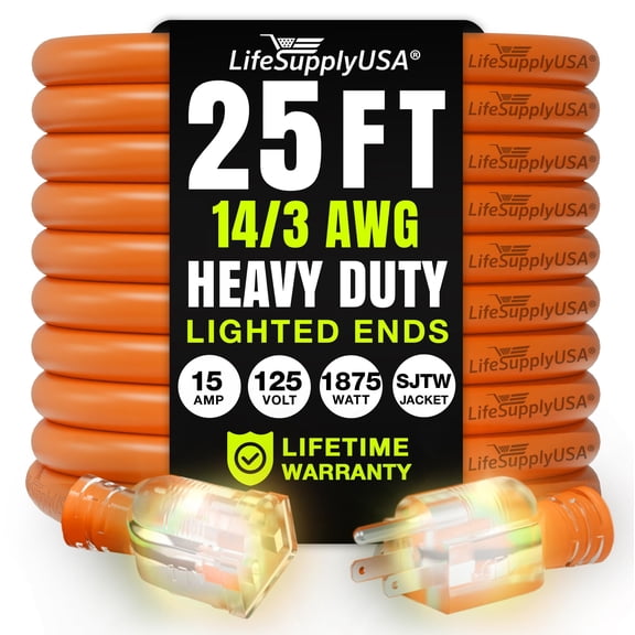 25ft Outdoor/Indoor Extension Cord 14/3 Gauge Heavy Duty 3 Prong SJTW, Waterproof, Flexible Cold-Resistant Long Power Cord,125 Amp 1875W, Orange by LifeSupplyUSA