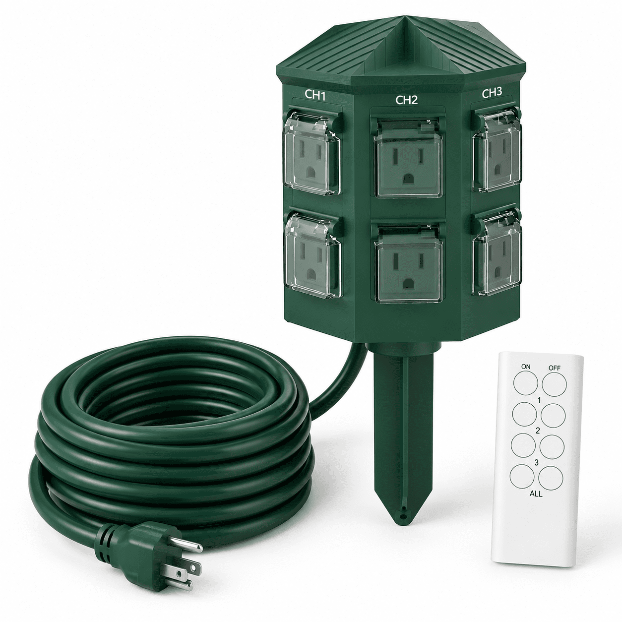 25ft Outdoor Power Stake Extension Cord with 3 Remote Controlled Outlet ...