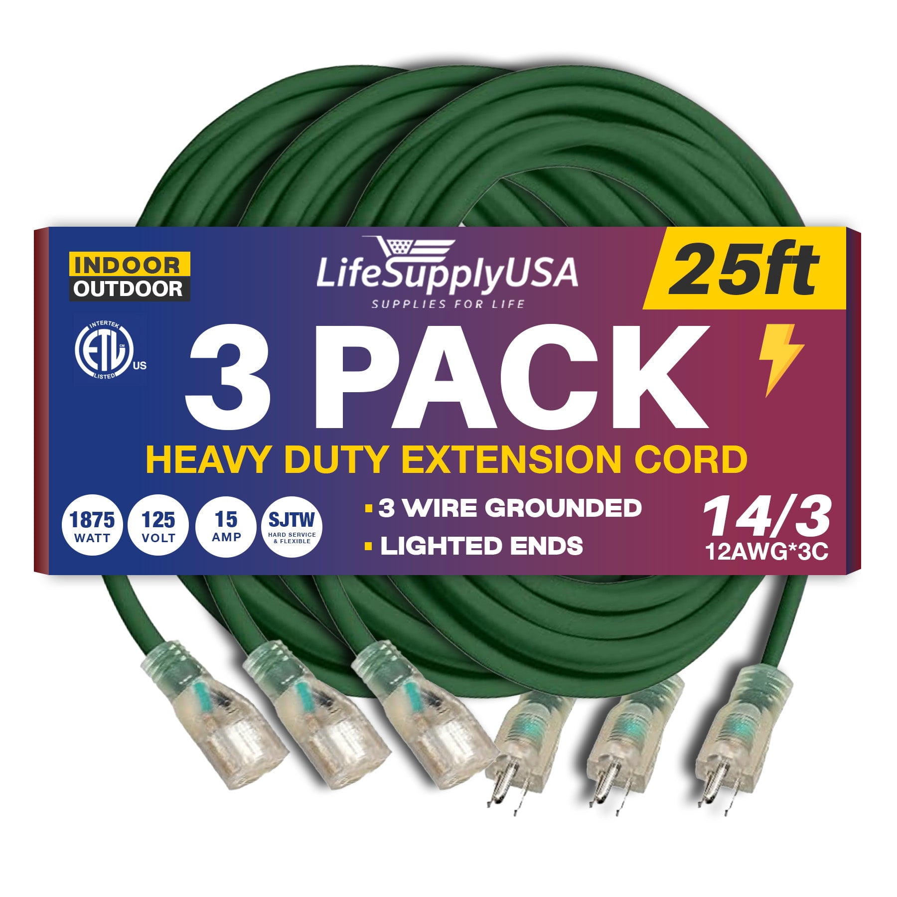 HUANCHAIN Cable De Extensión Para Exteriores De 150 Pies Calibre 12/3, Impermeable De Servicio Pesado Con Extremo Iluminado, Cable Eléctrico Flexible Resistente Al Frío De 3 Clavijas Para Exteriores