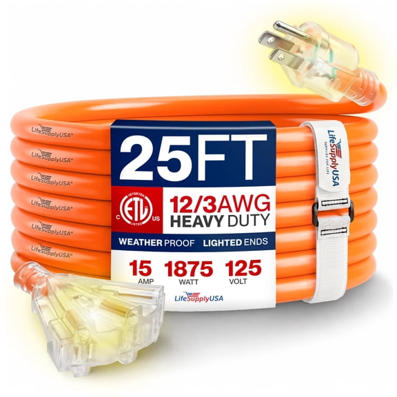 25ft Outdoor/Indoor Extension Cord 3-Outlet 12/3 Gauge Extra Heavy Duty ETL Listed, 3 Prong SJTW, Waterproof, Flexible Cold-Resistant Long Power Cord,125 Amp 1875W, Orange by LifeSupplyUSA
