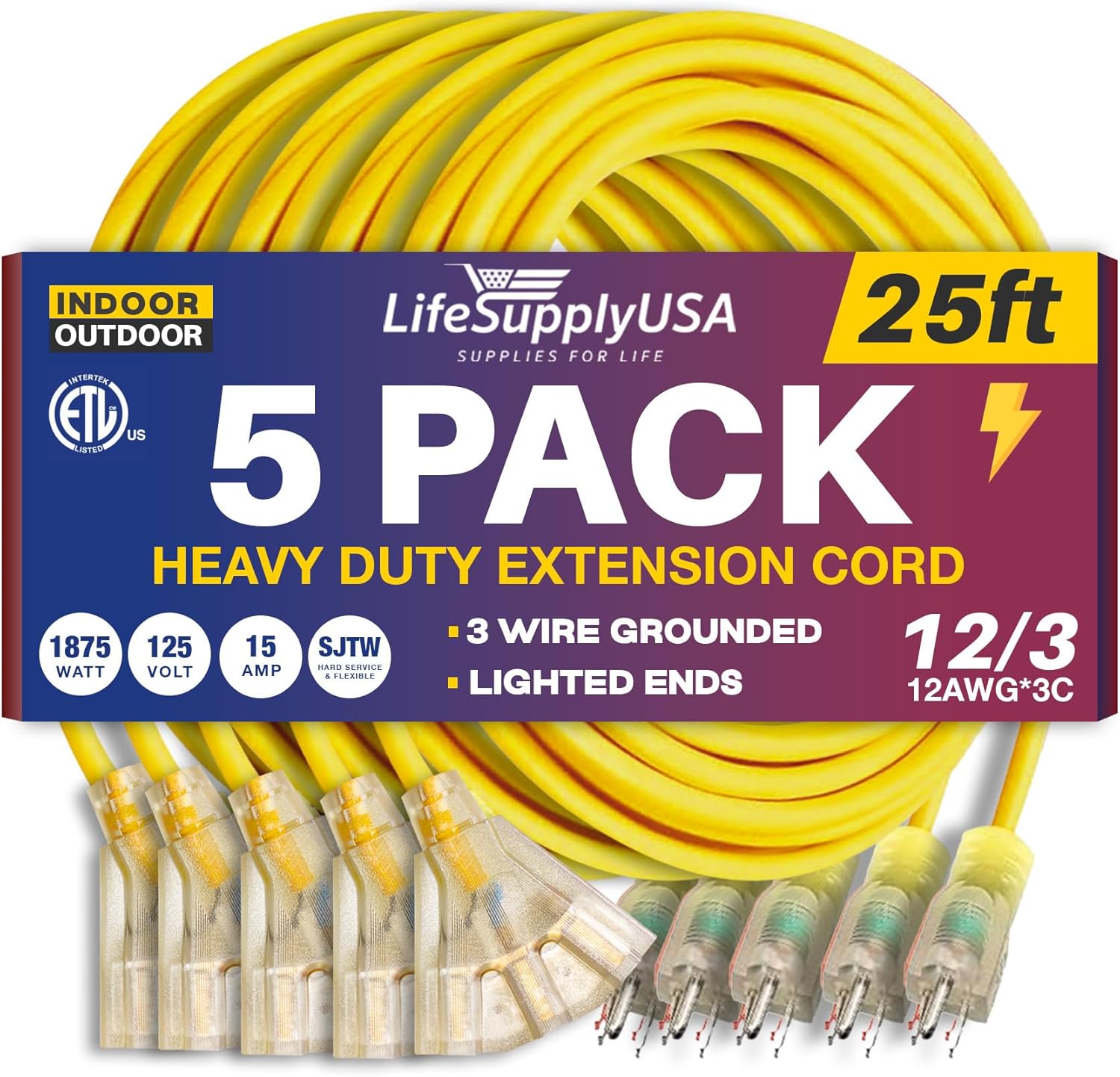 25ft Power Outdoor Extension Cord & Indoor Waterproof Electric Drop