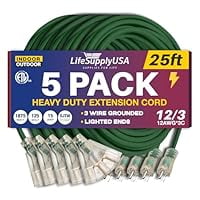 25ft Outdoor/Indoor Extension Cord 3-Outlet 12/3 Gauge Extra Heavy Duty ETL Listed, 3 Prong SJTW, Waterproof, Flexible Cold-Resistant Long Power Cord,125 Amp 1875W, Green by LifeSupplyUSA