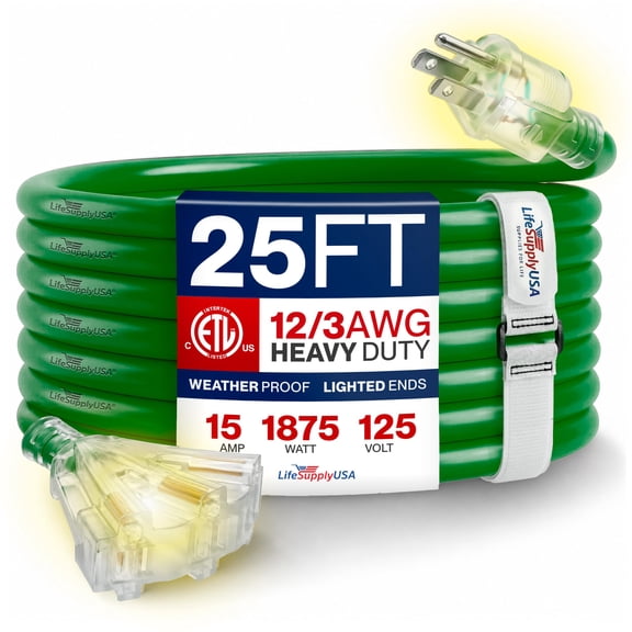 25ft Outdoor/Indoor Extension Cord 3-Outlet 12/3 Gauge Extra Heavy Duty ETL Listed, 3 Prong SJTW, Waterproof, Flexible Cold-Resistant Long Power Cord,125 Amp 1875W, Green by LifeSupplyUSA