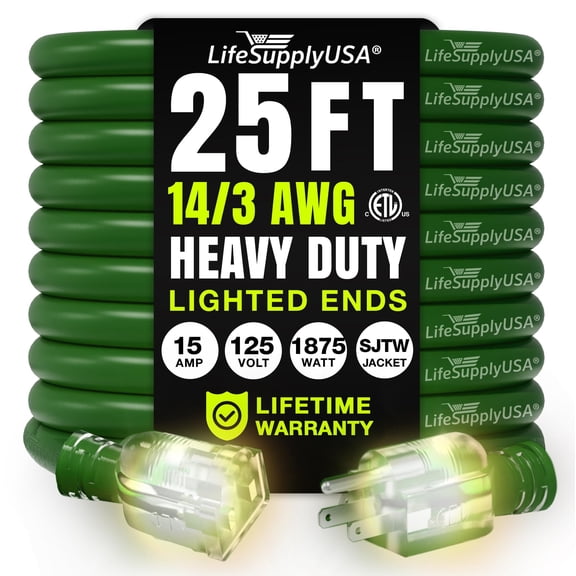 25ft Outdoor/Indoor Extension Cord 14/3 Gauge Heavy Duty 3 Prong SJTW, Waterproof, ETL Listed, Flexible Cold-Resistant Long Power Cord,125 Amp 1875W, Green by LifeSupplyUSA