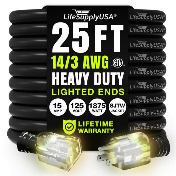 25ft Outdoor/Indoor Extension Cord 14/3 Gauge Heavy Duty 3 Prong SJTW, Waterproof, ETL Listed, Flexible Cold-Resistant Long Power Cord,125 Amp 1875W, Black by LifeSupplyUSA
