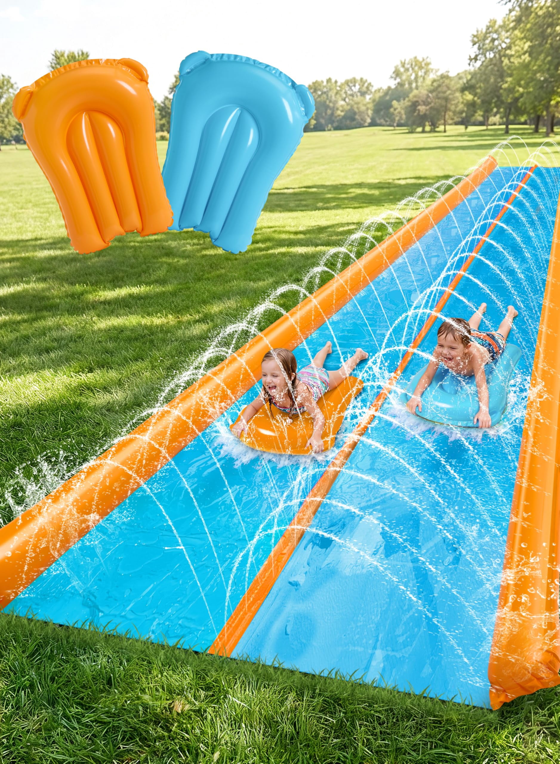 25ft x 6ft Double Lane Lawn Water Slide with Sprinkler and Inflatable Boards