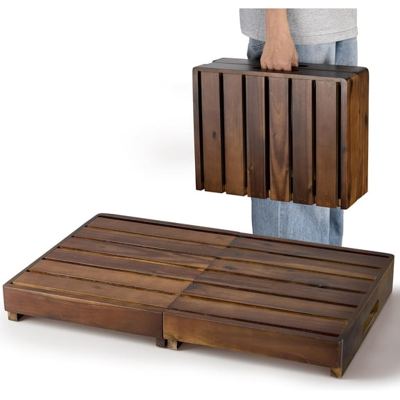 25in Wood Step Stool for Adults - Foldable Stepping Stool for Adults, Half Steps for Seniors - Acacia Wood Platform, Mobi Step - Wooden Platform 400 Lbs, Integrated Handles (Walnut Color)