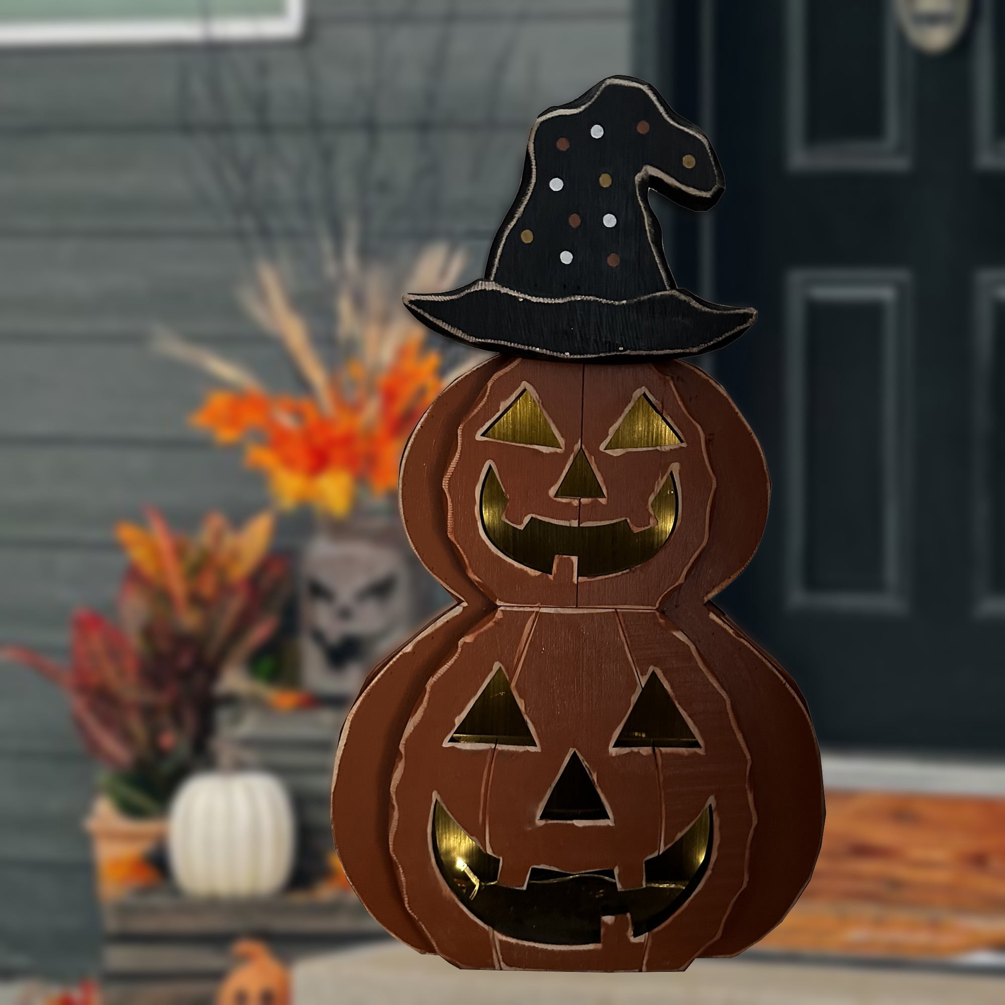 25in Wooden Lighted Jack O Lantern with Hat and Timer Battery Operated Halloween Decor