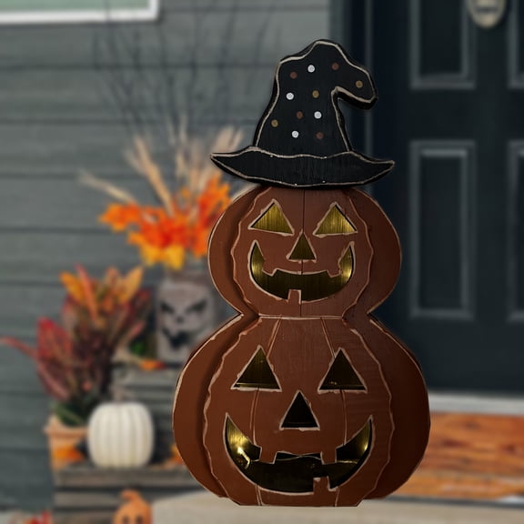 25in Wooden Lighted Jack O Lantern with Hat and Timer Battery Operated Halloween Decor