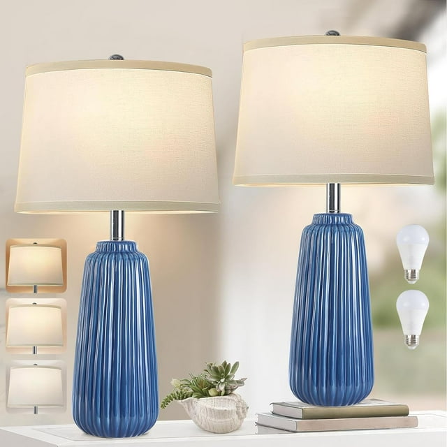 23" Blue Table Lamp, Farmhouse Bedside Lamps For Bedroom Set Of 2, Ceramic End Table Lamps,Traditional Nightstand Desk Lamps - Bed Bath & Beyond - 40369111