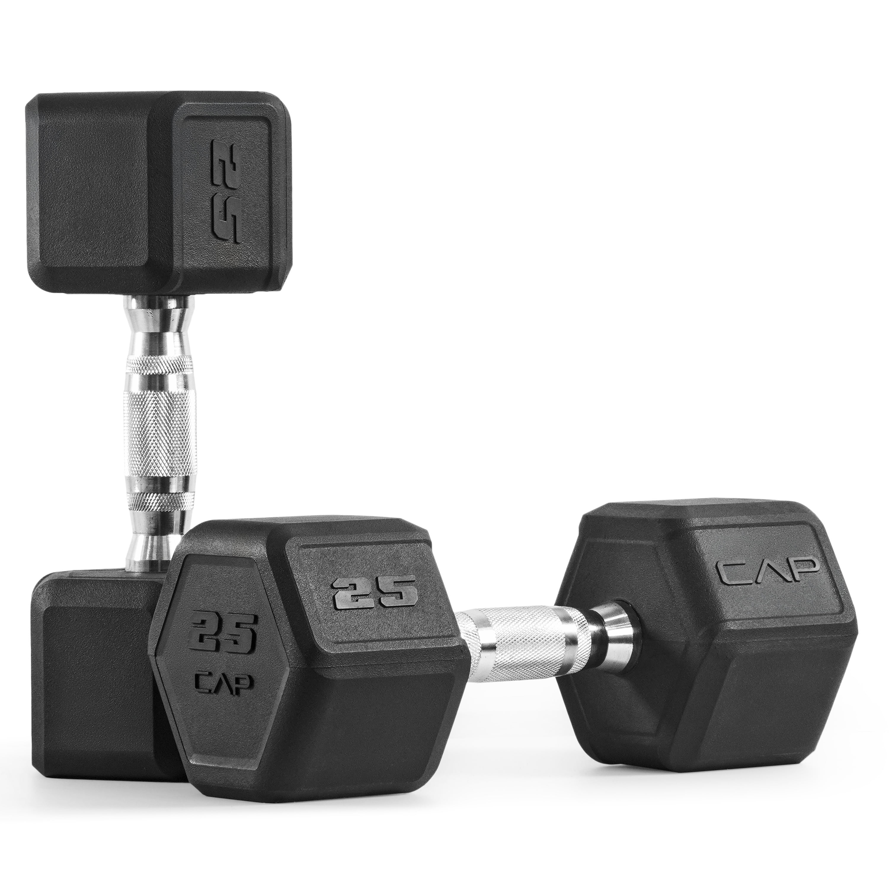 CAP 25 lb Premium Rubber Hex Dumbbell Pair, Chrome Handle, Home Gym Hand Weights
