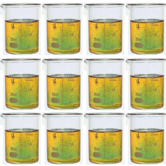 25ml Beaker, Low Form Griffin, Borosilicate 3.3 Glass, Double-Scale Graduations, Karter Scientific 232N3 (Pack 12)